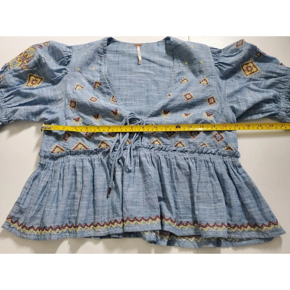 Free‎ People Tallulah Embroidered Chambray Peplum Top Blue XS Bohemian Tassel